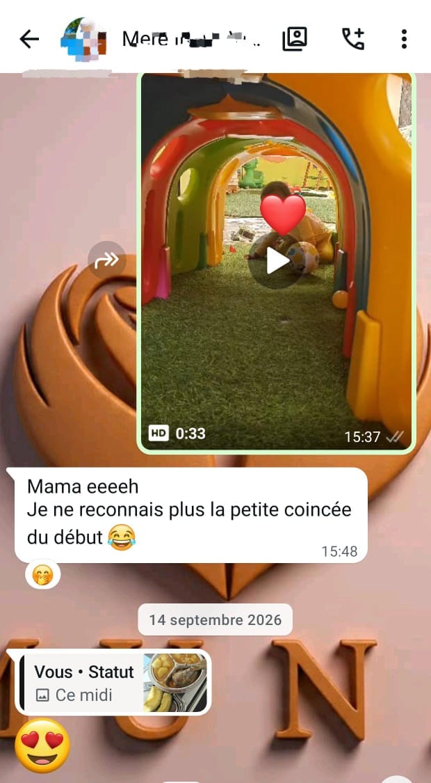Message WhatsApp de Brenda et Yves, parents de jumeaux, à propos du jardin et des ateliers créatifs de MUNA